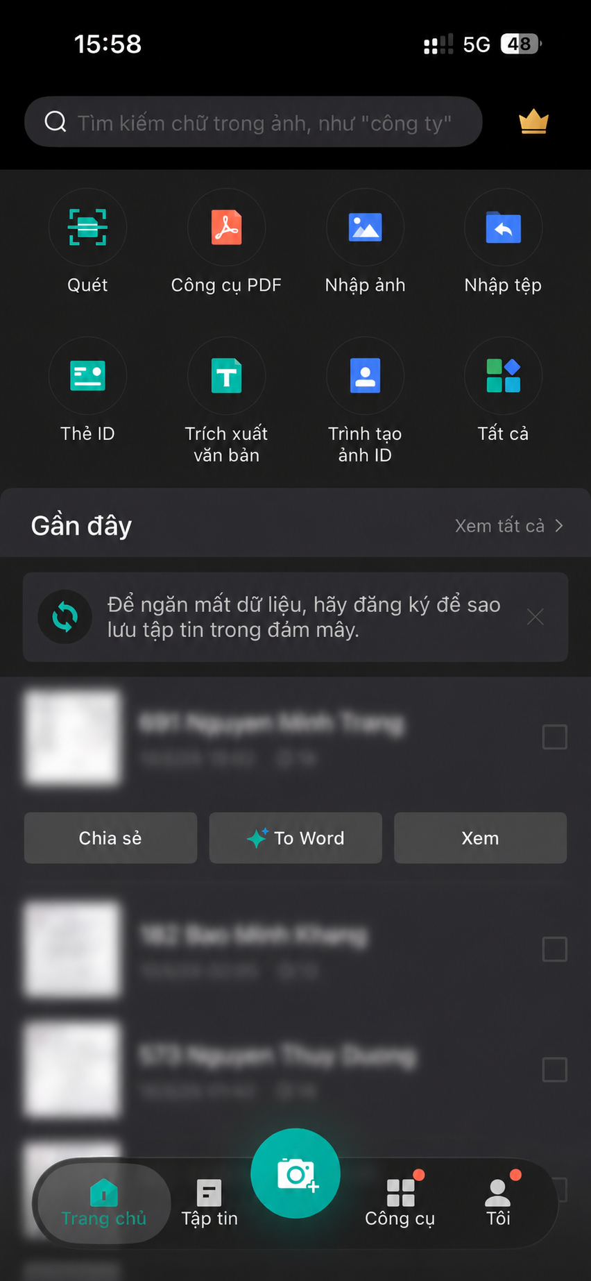 Bước 2: Bấm nút Scan hoặc biểu tượng máy ảnh